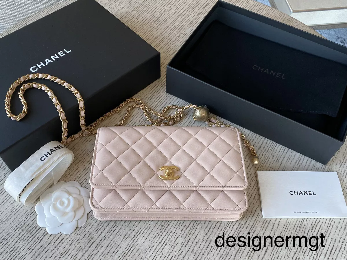 Chanel Lambskin Quilted CC Pearl Crush Wallet on Chain Woc Grey