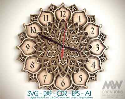 Laser Cut Clock Svg Dxf, 5 Layer Clock cut files, Laser cut Multi-Layer Clock,