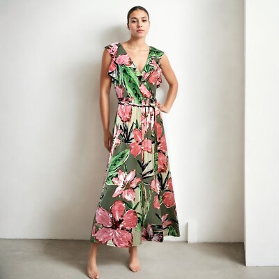 Womens Floral Multi Print Tie Waist Flowy Surplice Neck Midi Dress | eBay