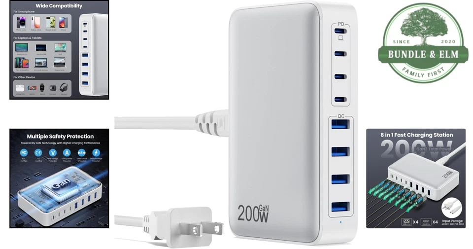 USB C Charger 200W GaN 8-Port Fast Charging Station for Laptop Smartphone Tablet - Image 2 of 4