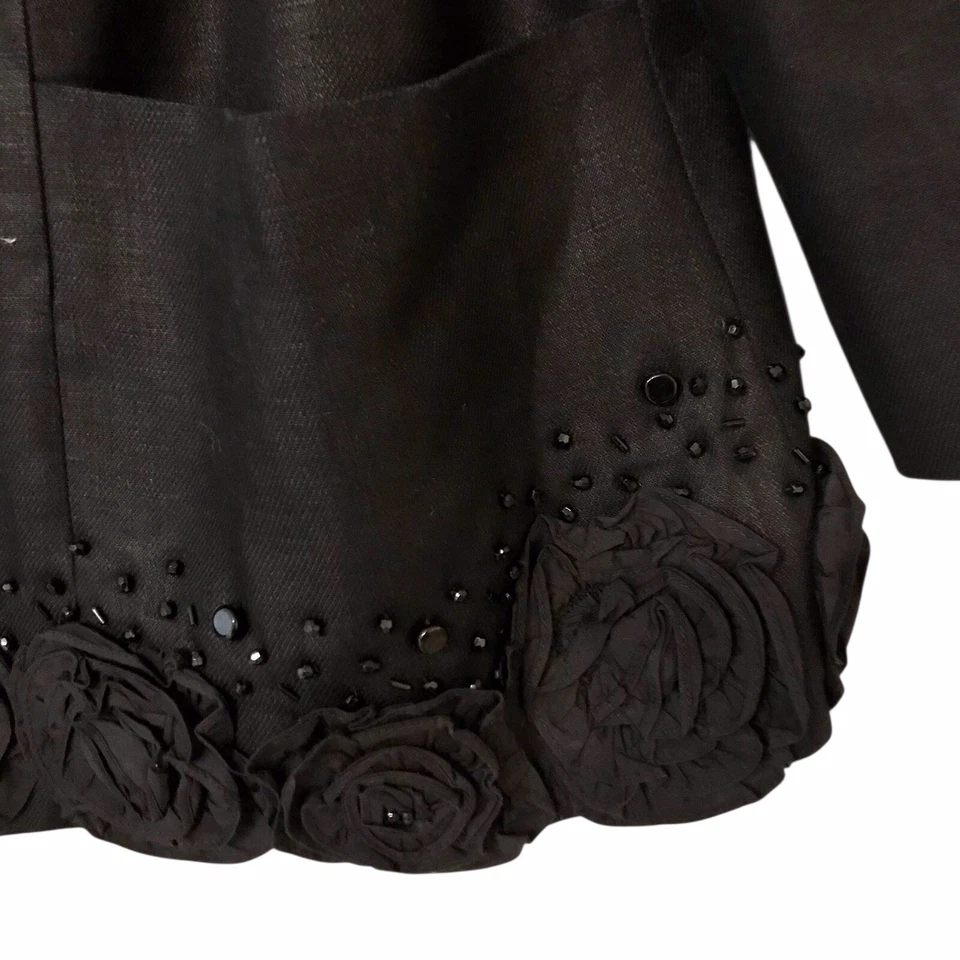 Lafayette 148 100% Linen Beaded Zip Jacket Floral Appliqué Black Evening Sz 2X - Image 4 of 4