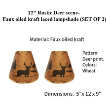 12" RUSTIC DEER SCENE FAUX OILED KRAFT LACED LAMPSHADE Set Of 2 