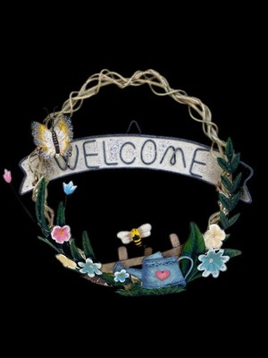 Metal Butterfly Welcome Sign Wall Hanging Garden Decor w/ Bee & Flowers 10 