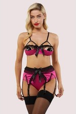 Bombshell Bettie Page INGA 1/4 CUP 38 40 BRA BRIEF 4 GARTER UK16 US 12 XL Pink