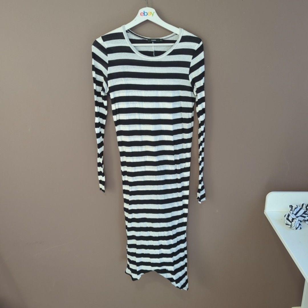 Bassike Dress Womens XS Black White Stripe Round Neck Long Sleeve Bodycon Midi