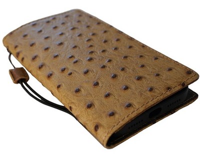 Genuine Leather case for Iphone 17 16 16E 15 Pro Max Wallet Book Ostrich Tan