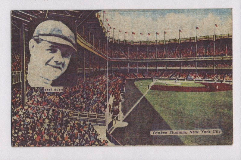 Rare  1930's Curteich Postcard  New York Yankee Stadium With Babe Ruth Inset