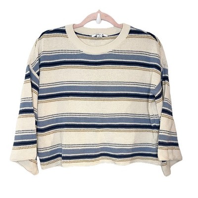 Oneill Beige Blue Striped Knit Crew Crop Top Bell Sleeve Beach Coastal Boho Sz S