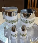 Gemco Vintage Pyrex Spring Blossom Green Sugar, Creamer & Salt and Pepper Set