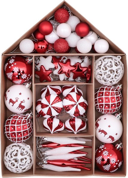 Weihnachtskugeln 70Tlg. Kunststoff Rot Weiß Deko Set FüR Weihnachtsbaum Hirsch-image