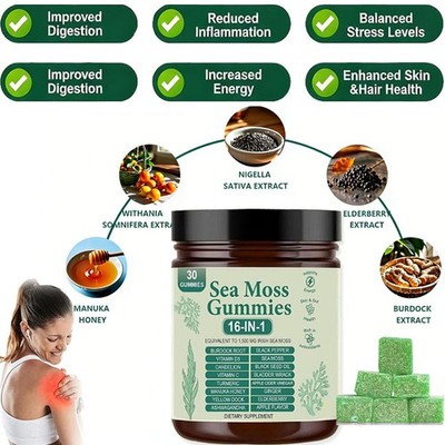 Sea Moss Gummies 16-in-1, Sea Moss Blend with Black Seed Oil-Green Apple Flavor
