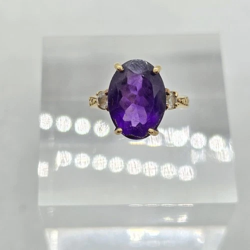 Sterling Silver Vintage Oval Amethyst & White Sapphire Gold Tone Ring Size 5
