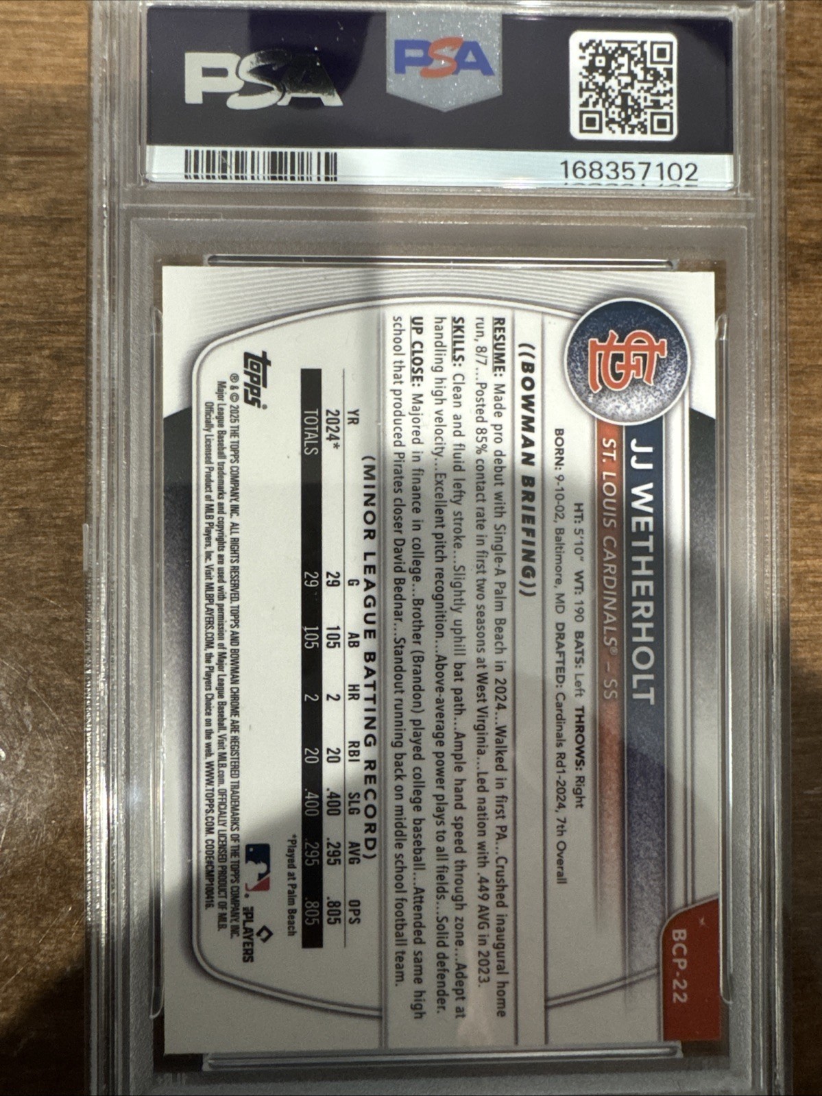 2025 Bowman Chrome Prospects - J.J. Weatherholt #BCP22 PSA 10 1st Bowman (RC) view 2