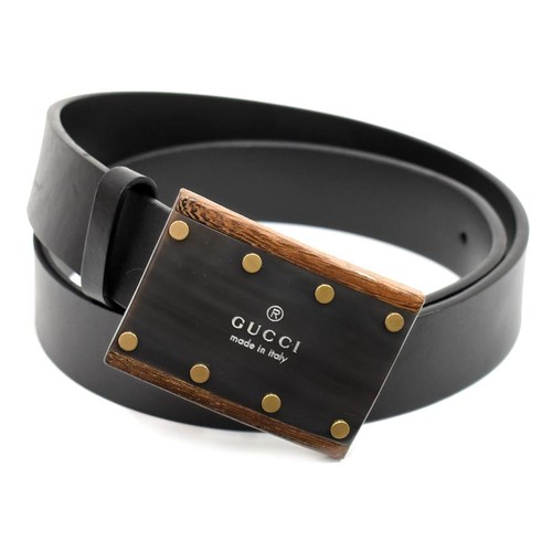 Used Gucci Wood Square Buckle Belt 114919 Studded Leather Black #85 GUCCI