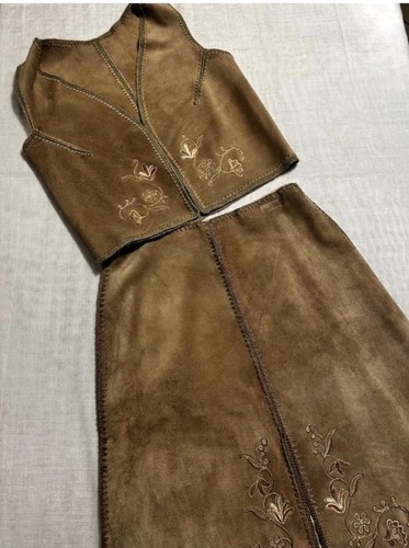 Vintage Suede Vest Skirt Set Boho Folk Embroidered Western Outfit S