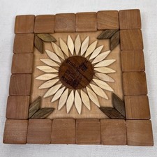 Vtg Inlay Wood Trivet Sunflower Praha Castle Prague Czech Republic Handmade Boho