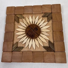 Vintage Inlay Wood Trivet Sunflower Praha Castle Prague Czech Republic Handmade