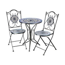 Sitzgruppe Gartenmöbel Mosaikoptik - 1 Tisch - 2 Stühle - Metall - blau-weiß