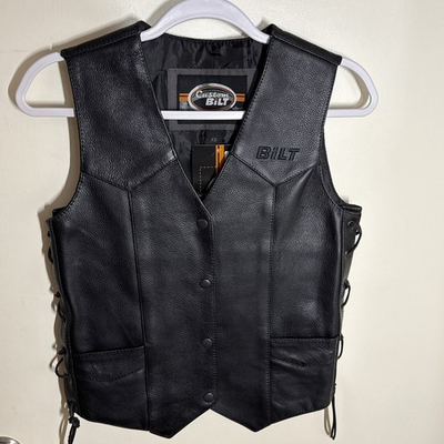 #ad Custom BILT Motorcycle Leather Vest Black Laced Sides Sz Women’s XS Pockets Snap $49.97