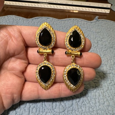 Vintage Elee Designs gold tone Rhinestone dangle clip earrings 