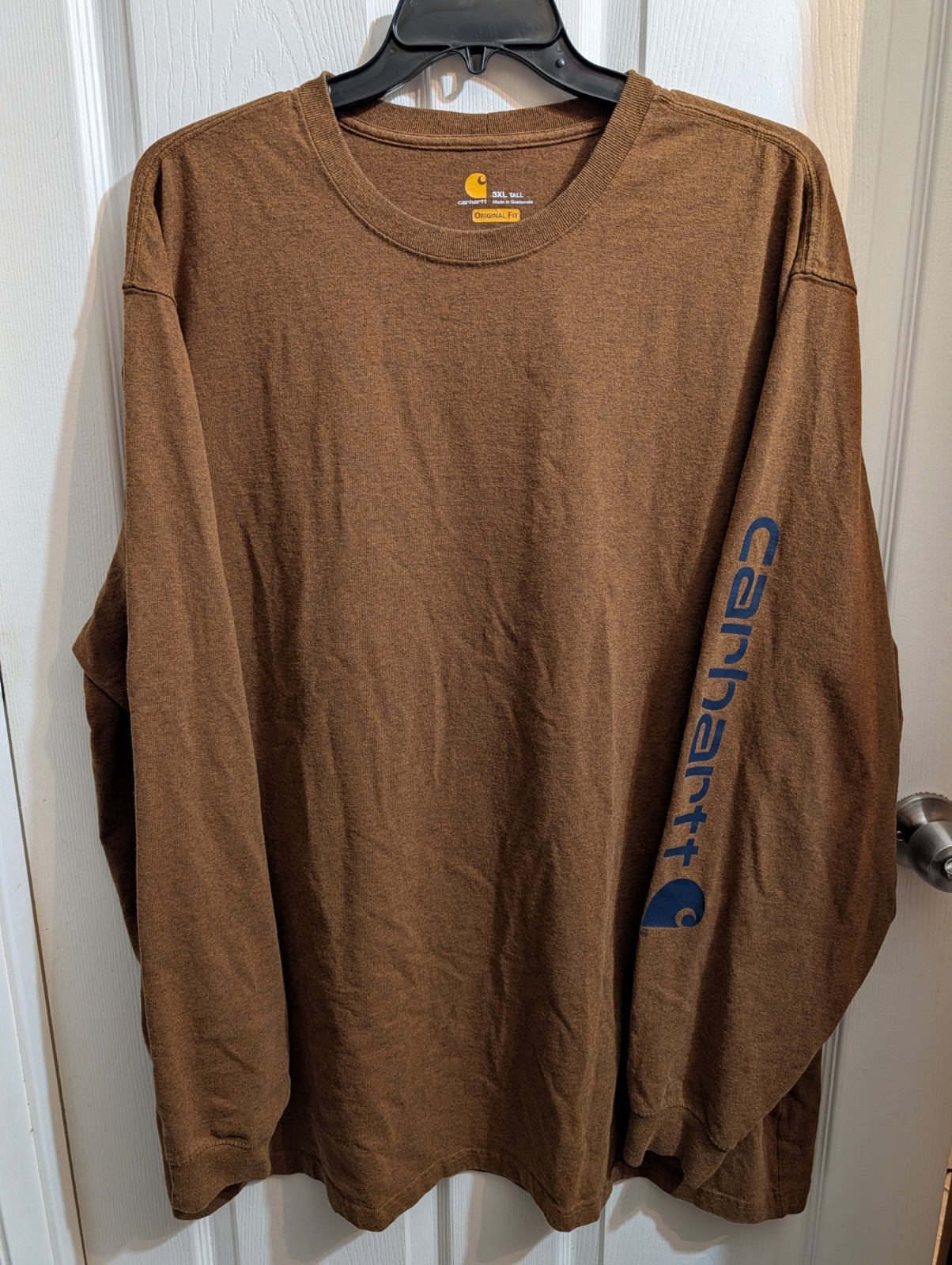 USED Carhartt Men's T Shirt 3XL-Tall 3XT Brown Spellout Original Fit Long Sleeve
