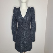 Ganni Black Long Puff Sleeve Ruched Feminine Jacquard Mini Dress Women 34 XS