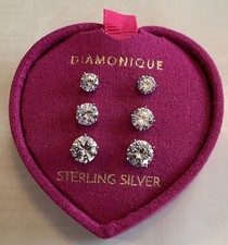 Diamonique 925 Sterling Silver 3 Pairs Of Stud Earrings New in Heart Shape Box