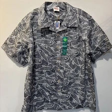 Barefoot In Paradise Blue Fish Print Hawaiian Shirt Men's Size L NWT