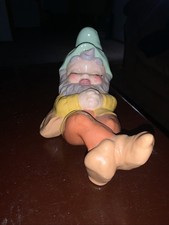 Sleeping Garden Gnome Elf Ceramic Green And Yellow With Brown Sac