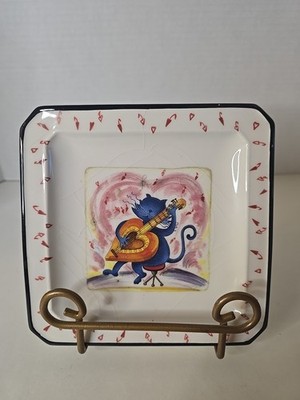 Love Cat Square Plate Made in Italy Blue Cat Guit Musical Notes Art 6.5'' Ceramic