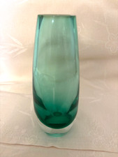 VintageMCM Art Glass Vase Blue Green Submerged Clear Heavy Oval Mouth 369 g