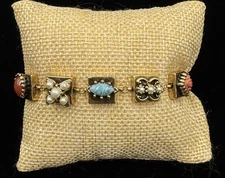 Victorian Revival Gold Tone Square Link Multi Color Glass Cabochon Bracelet