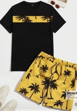 Manfinity VCAY Men Tropical Print Tee  Drawstring Waist Shorts