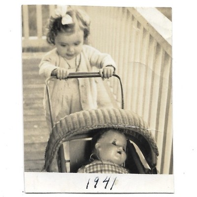 Little Girl Playing Dolls 1941 Vtg Photo Baby Carriage Weird Odd Creepy Doll