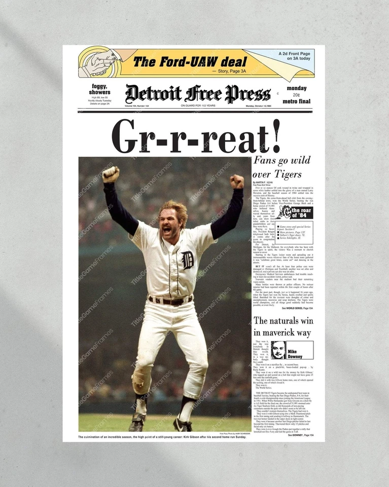 Detroit Tigers Serie Mundial 1984 enmarcado periódico impresión de portada Kirk Gibson Foto 3 de 4