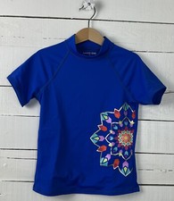 Girls LANDS' END Sz 7 Swim Rash Guard s/s Top Shirt Blue Flower Graphic