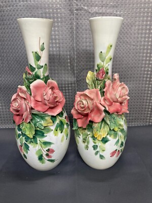 Set of 2 ~ Italian Pottery ''ROSES''  Raised flowers /  Painted Leaves ~ 11 1/2''