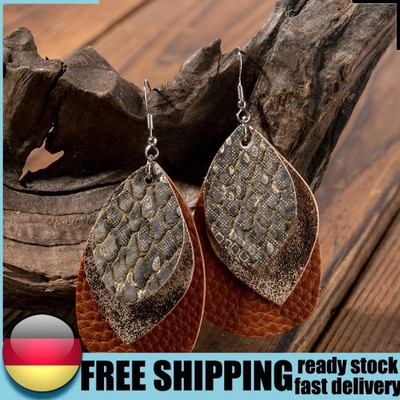 Double Layer Snakeskin Grain Glitter PU Faux Leather Teardrop Dangle Earrings