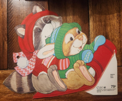 Vintage Cleo Die Cut Christmas Racoon Bunny Sleigh Flocked Decoration Paper NEW