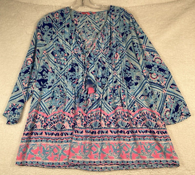 Lilly Pulitzer Women's Star Fish Flower Blue Pink Blouse Top, Tassel, Size M