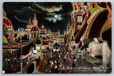 Main St View Luna Park At Night Amusement Coney Island NY C1906 Postcard AC3