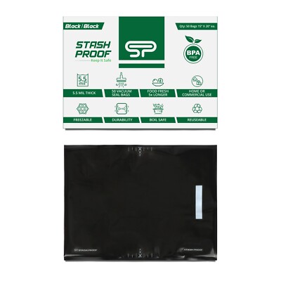 Stash Proof Vacuum Seal Bags 15'' x 20'' (50 Count) 5.5 Mil (Blk/Blk) BPA Free