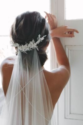 Bridal Veil One Layer Lace Beaded Pearls Comb White Long  display picture 1