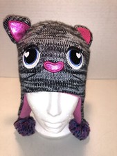 Winter Knit Ear Flap Hat Girls Youth Black Kitty With Pink Ears