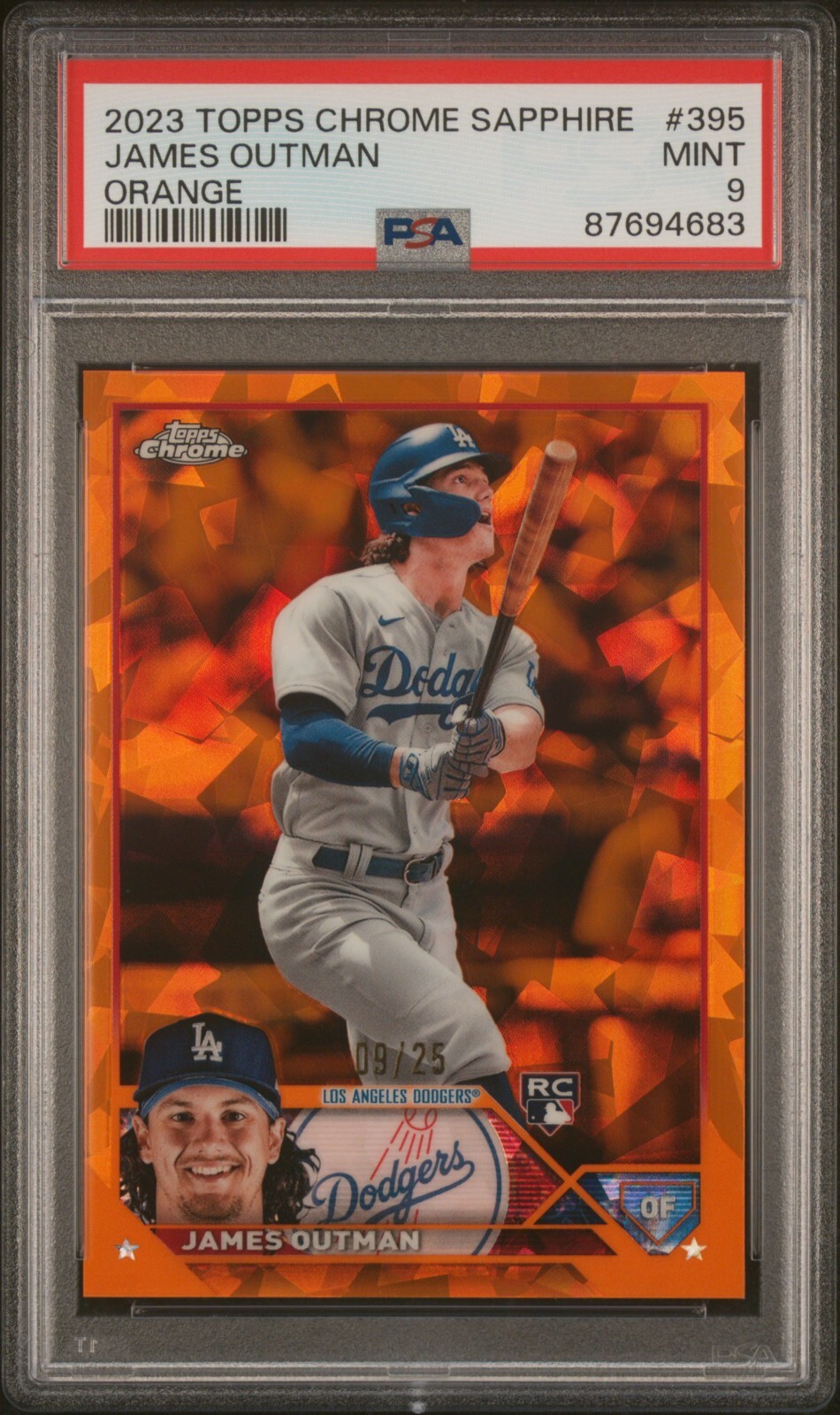 James Outman 2023 Topps Chrome Sapphire #395 Rookie Orange #/25 Dodgers PSA 9