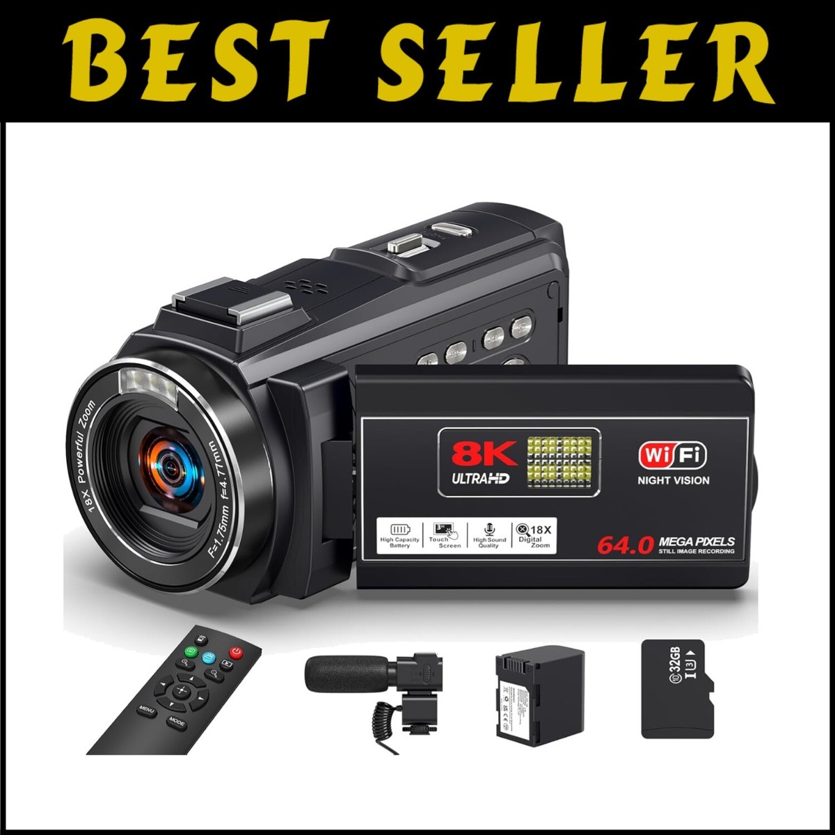 8K 64MP Camcorder With IR Night Vision - 18X Digital Zoom YouTube 