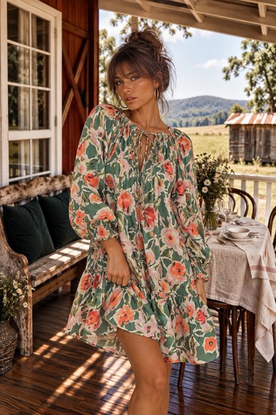 Kinney XS Floral Smocked Tie-Neck Mini Dress 100% Cotton 3/4 Puff Sleeve