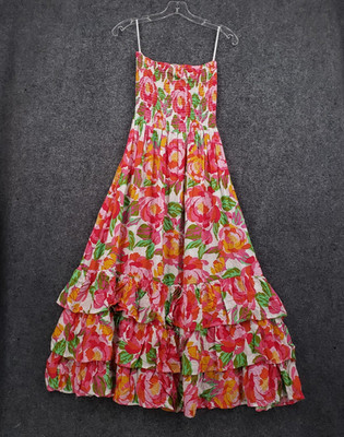 Abel The Label Floral Smocked Maxi Dress Womens Small Pink Ruffle Tiered Summer