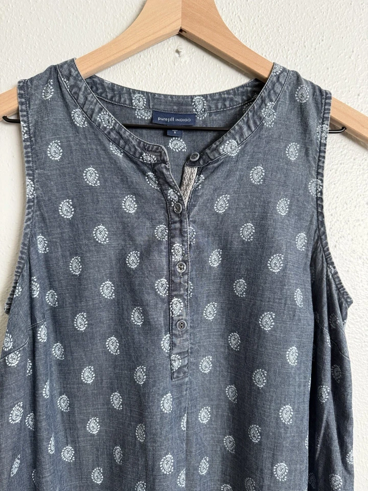 Pure Jill Indigo Sleeveless Popover Denim Chambray Paisley Dress Small J. Jill - Image 2 of 4