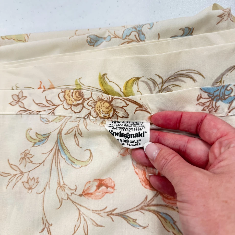 vintage springmaid twin flat sheet beige large blooms usa mcm retro percale - Image 4 of 4